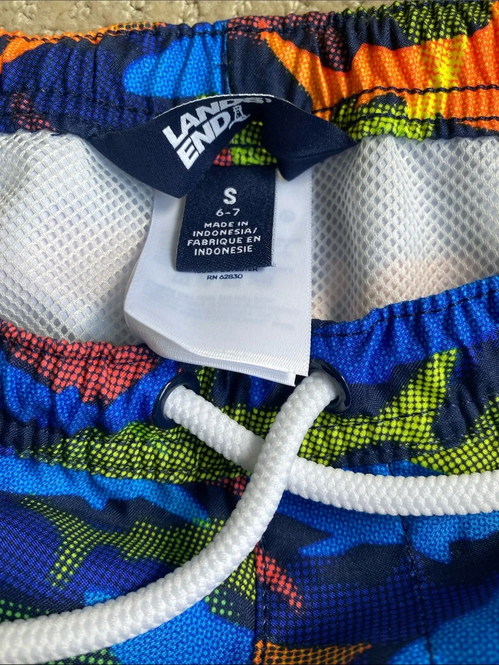 Lands' End Blue Shark-Pattern Swim Shorts with Orange & Green Accents
